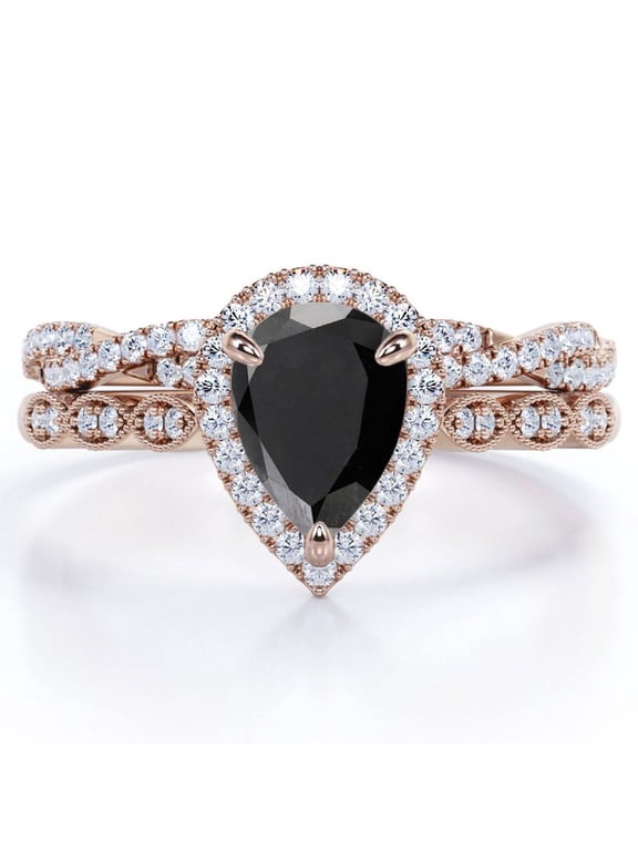 Art Deco Filigree Milgrain - 1.5 Carat Almond Shaped Lab Created Black Diamond and Moissanite - Halo Pave Crossover Wedding Set - 18K Rose Gold Plating over Silver