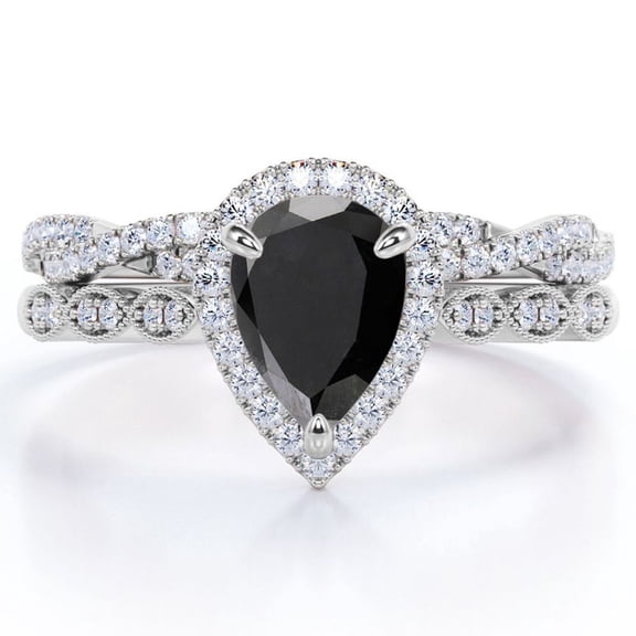JeenMata Art Deco Filigree Milgrain - 1.5 Carat Almond Shaped Lab Created Black Diamond and Moissanite - Halo Pave Crossover Wedding Set - 18K White Gold Plating over Silver