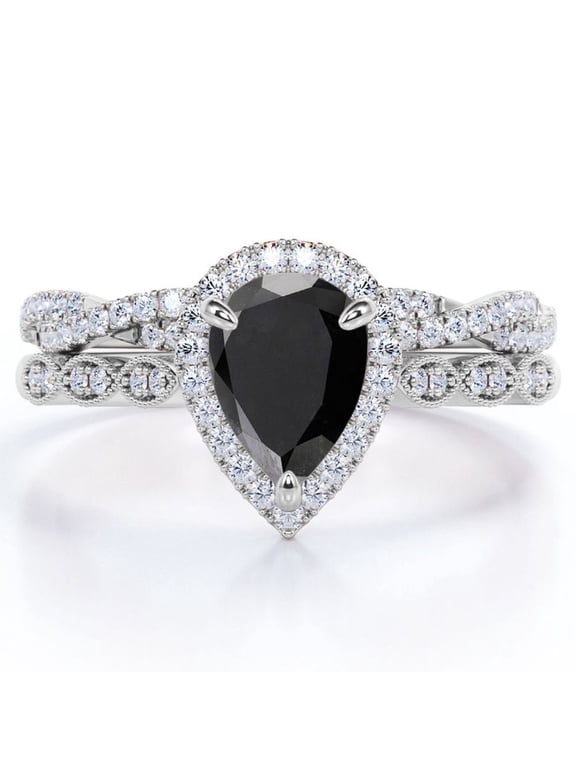 Art Deco Filigree Milgrain - 1.5 Carat Almond Shaped Lab Created Black Diamond and Moissanite - Halo Pave Crossover Wedding Set - 18K White Gold Plating over Silver
