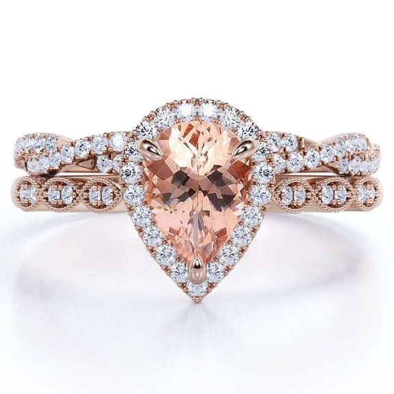 JeenMata Art Deco Filigree Milgrain - 1.5 Carat Almond Shaped Peach created morganite and Moissanite - Halo Pave Crossover Wedding Set - 18K Rose Gold Plating over Silver