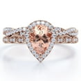 thumbnail image 1 of JeenMata Art Deco Filigree Milgrain - 1.5 Carat Almond Shaped Peach created morganite and Moissanite - Halo Pave Crossover Wedding Set - 18K Rose Gold Plating over Silver, 1 of 6