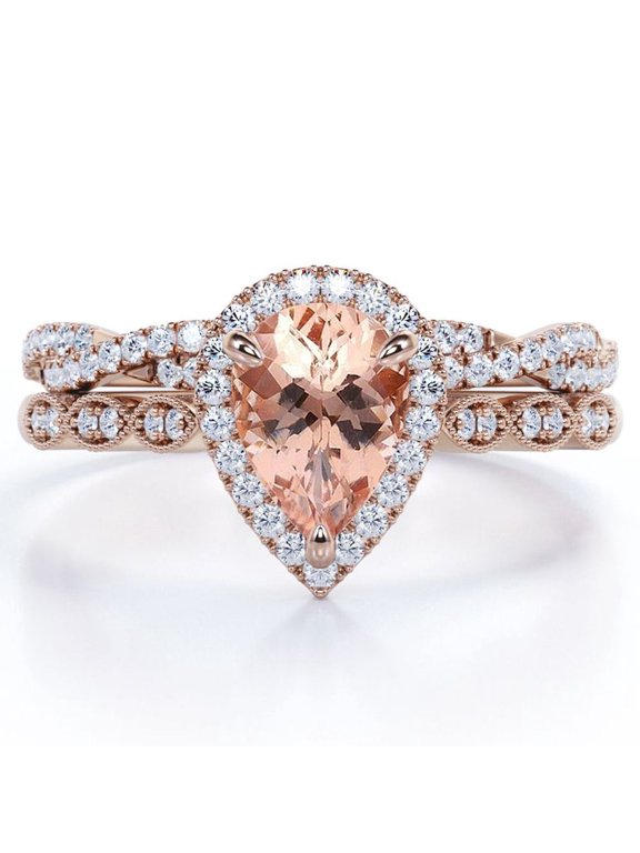 Art Deco Filigree Milgrain - 1.5 Carat Almond Shaped Peach created morganite and Moissanite - Halo Pave Crossover Wedding Set - 18K Rose Gold Plating over Silver
