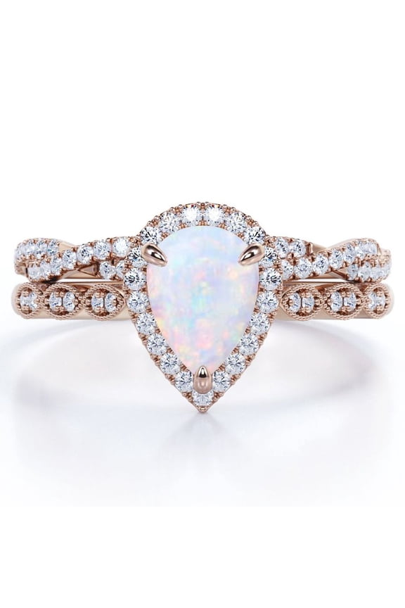 Art Deco Filigree Milgrain - 1.5 Carat Almond Shaped Rainbow Opal and Moissanite - Halo Pave Crossover Wedding Set - 18K Rose Gold Plating over Silver