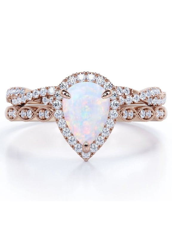 Art Deco Filigree Milgrain - 1.5 Carat Almond Shaped Rainbow Opal and Moissanite - Halo Pave Crossover Wedding Set - 18K Rose Gold Plating over Silver