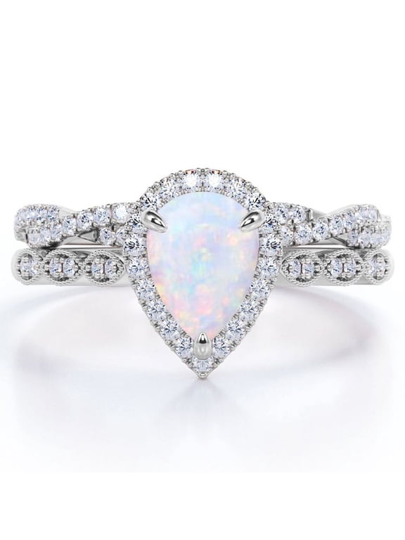 Art Deco Filigree Milgrain - 1.5 Carat Almond Shaped Rainbow Opal and Moissanite - Halo Pave Crossover Wedding Set - 18K White Gold Plating over Silver
