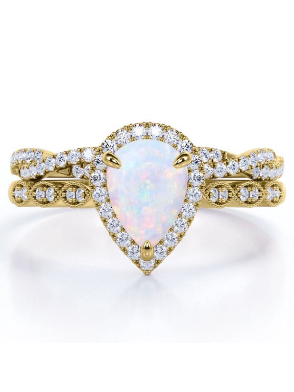 Art Deco Filigree Milgrain - 1.5 Carat Almond Shaped Rainbow Opal and Moissanite - Halo Pave Crossover Wedding Set - 18K Yellow Gold Plating over Silver
