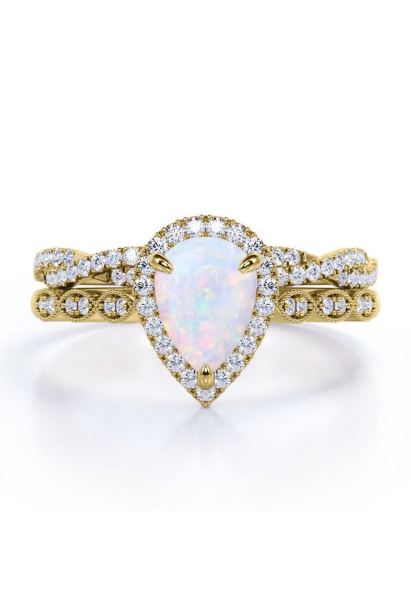 Art Deco Filigree Milgrain - 1.5 Carat Almond Shaped Rainbow Opal and Moissanite - Halo Pave Crossover Wedding Set - 18K Yellow Gold Plating over Silver