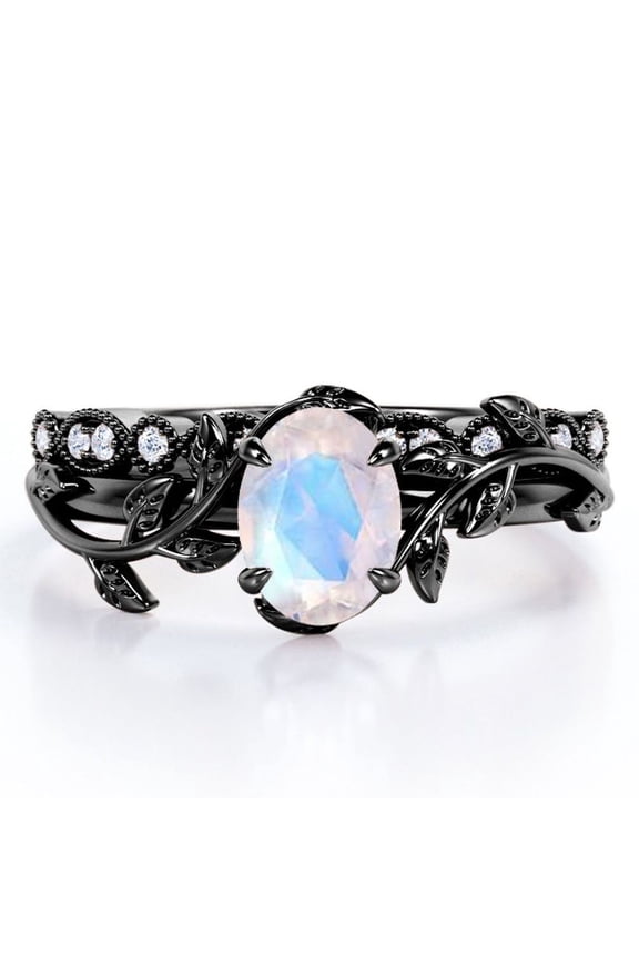 Art Deco Filigree Milgrain - 1.5 Carat Egg Cut Blue Moonstone and Moissanite - Beautiful Leaf Bridal Ring Set - 18K Black Gold Plating over Silver