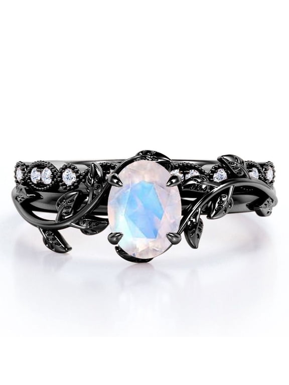 Art Deco Filigree Milgrain - 1.5 Carat Egg Cut Blue Moonstone and Moissanite - Beautiful Leaf Bridal Ring Set - 18K Black Gold Plating over Silver