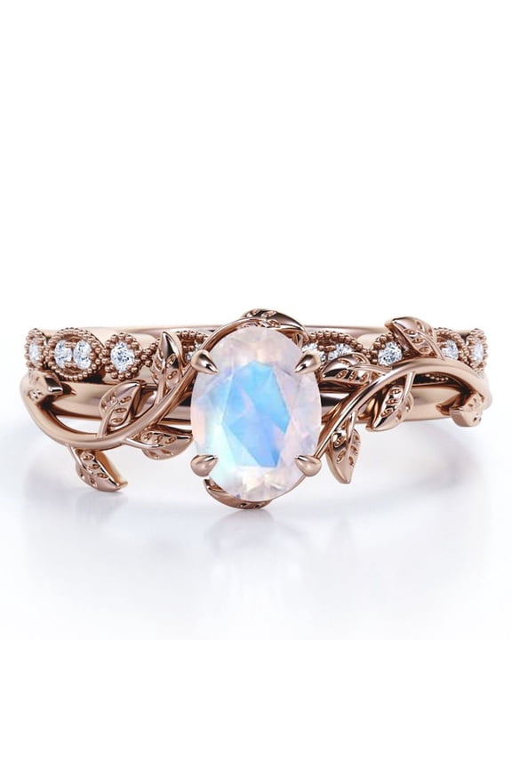 Art Deco Filigree Milgrain - 1.5 Carat Egg Cut Blue Moonstone and Moissanite - Beautiful Leaf Bridal Ring Set - 18K Rose Gold Plating over Silver