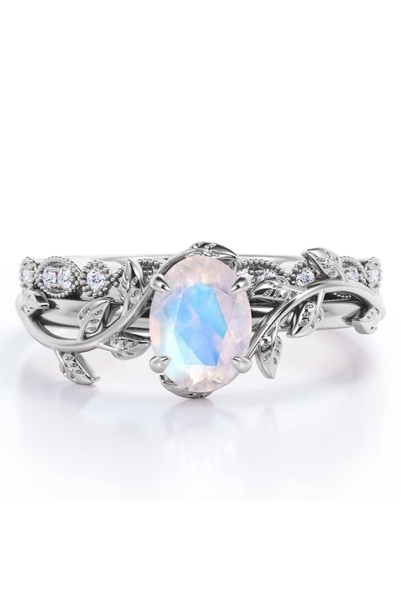 Art Deco Filigree Milgrain - 1.5 Carat Egg Cut Blue Moonstone and Moissanite - Beautiful Leaf Bridal Ring Set - 18K White Gold Plating over Silver