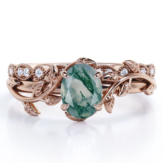 JeenMata Art Deco Filigree Milgrain - 1.5 Carat Egg Cut Genuine Dendritic Moss Green Agate and Moissanite - Beautiful Leaf Bridal Ring Set - 18K Rose Gold Plating over Silver