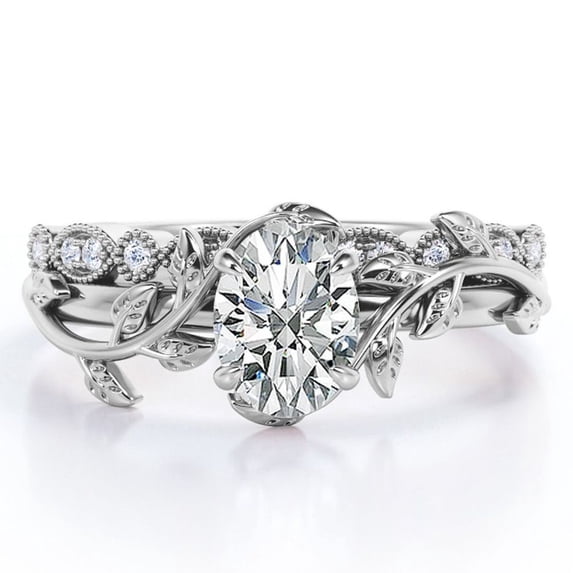 JeenMata Art Deco Filigree Milgrain - 1.5 Carat Egg Cut Moissanite - Beautiful Leaf Bridal Ring Set - 18K White Gold Plating over Silver