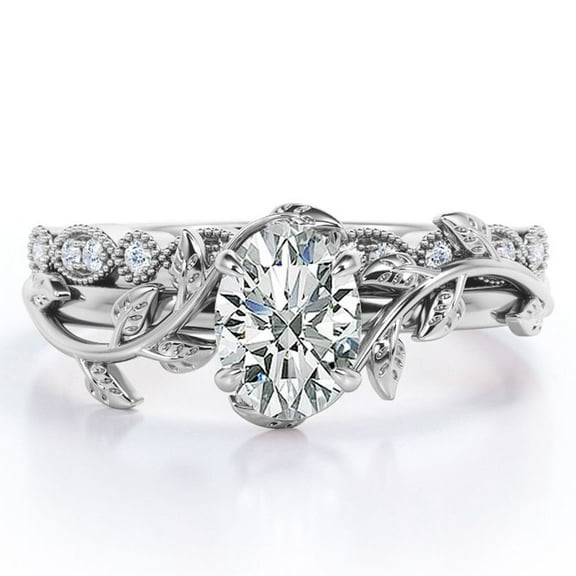 JeenMata Art Deco Filigree Milgrain - 1.5 Carat Egg Cut Moissanite - Beautiful Leaf Bridal Ring Set - 18K White Gold Plating over Silver