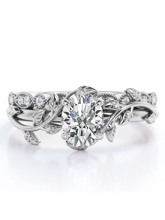 Art Deco Filigree Milgrain - 1.5 Carat Egg Cut Moissanite - Beautiful Leaf Bridal Ring Set - 18K White Gold Plating over Silver