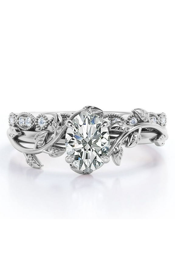 Art Deco Filigree Milgrain - 1.5 Carat Egg Cut Moissanite - Beautiful Leaf Bridal Ring Set - 18K White Gold Plating over Silver