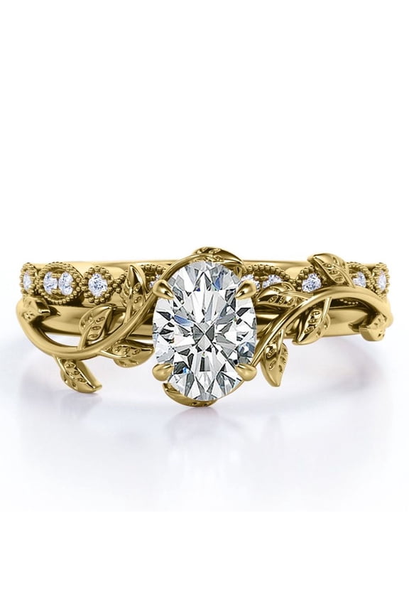 Art Deco Filigree Milgrain - 1.5 Carat Egg Cut Moissanite - Beautiful Leaf Bridal Ring Set - 18K Yellow Gold Plating over Silver