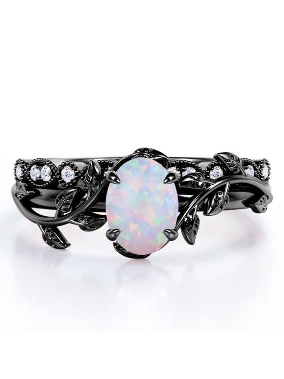 Art Deco Filigree Milgrain - 1.5 Carat Egg Cut Welo Opal and Moissanite - Beautiful Leaf Bridal Ring Set - 18K Black Gold Plating over Silver
