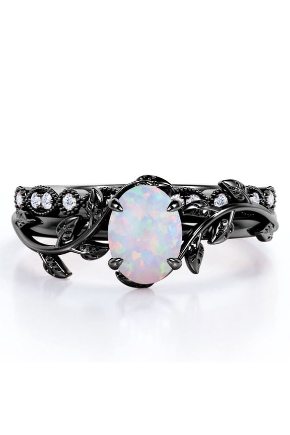 Art Deco Filigree Milgrain - 1.5 Carat Egg Cut Welo Opal and Moissanite - Beautiful Leaf Bridal Ring Set - 18K Black Gold Plating over Silver