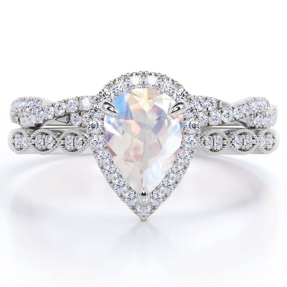 JeenMata Art Deco Filigree Milgrain - 1.5 Carat Pear Shaped Rainbow Moonstone and Moissanite - Halo Pave Crossover Wedding Set - 18K White Gold Plating over Silver