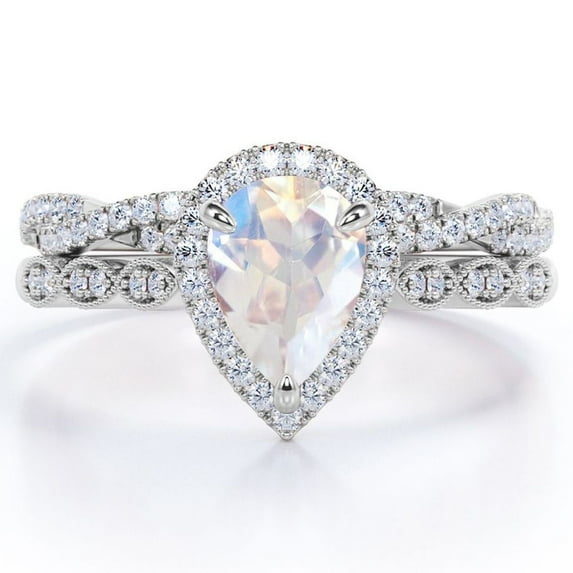 JeenMata Art Deco Filigree Milgrain - 1.5 Carat Pear Shaped Rainbow Moonstone and Moissanite - Halo Pave Crossover Wedding Set - 18K White Gold Plating over Silver