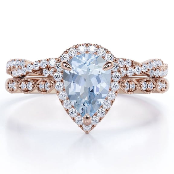 JeenMata Art Deco Filigree Milgrain - 1.5 Carat Almond Shaped Blue Created Aquamarine and Moissanite - Halo Pave Crossover Wedding Set - 18K Rose Gold Plating over Silver