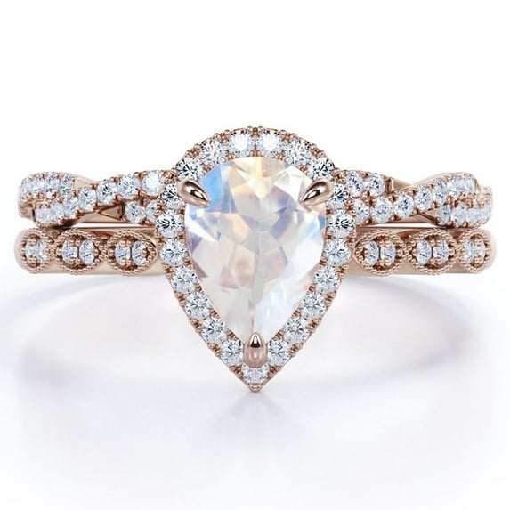 JeenMata Art Deco Filigree Milgrain - 1.5 Carat Pear Shaped Rainbow Moonstone and Moissanite - Halo Pave Crossover Wedding Set - 18K Rose Gold Plating over Silver
