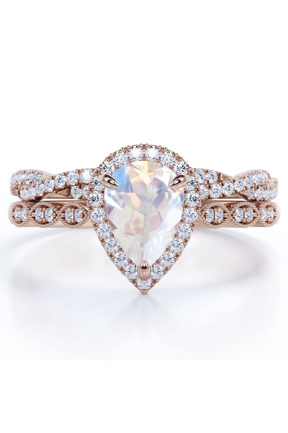 Art Deco Filigree Milgrain - 1.5 Carat Pear Shaped Rainbow Moonstone and Moissanite - Halo Pave Crossover Wedding Set - 18K Rose Gold Plating over Silver