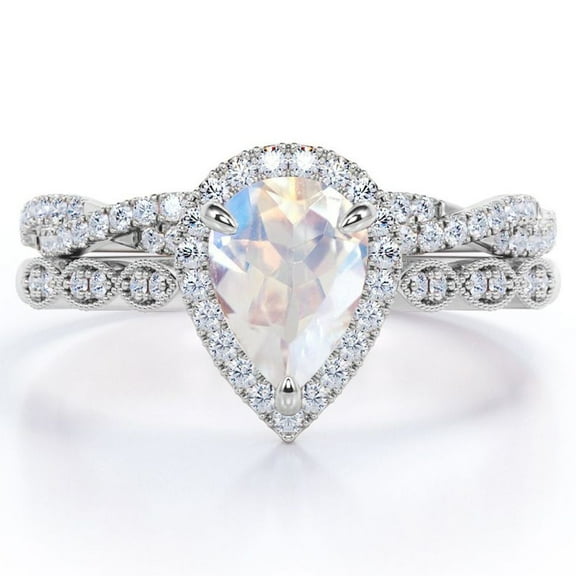 JeenMata Art Deco Filigree Milgrain - 1.5 Carat Pear Shaped Rainbow Moonstone and Moissanite - Halo Pave Crossover Wedding Set - 18K White Gold Plating over Silver