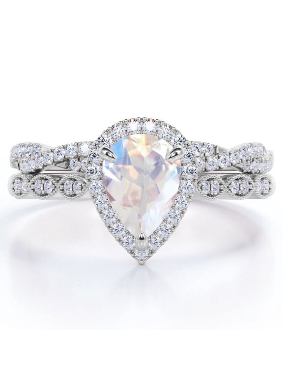 Art Deco Filigree Milgrain - 1.5 Carat Pear Shaped Rainbow Moonstone and Moissanite - Halo Pave Crossover Wedding Set - 18K White Gold Plating over Silver