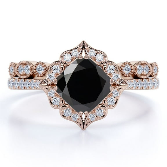 JeenMata Art Deco Flower Cluster 1.5 Carat Cushion Brilliant Cut Pave Wedding Ring Set in 18K Rose Gold Plating over Silver