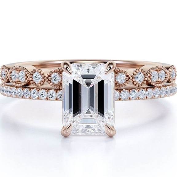 JeenMata Art-Deco Milgrain Filigree - 2.25 Carat Emerald Cut - Prong Setting Wedding Set - 18K Rose Gold Plating over Silver