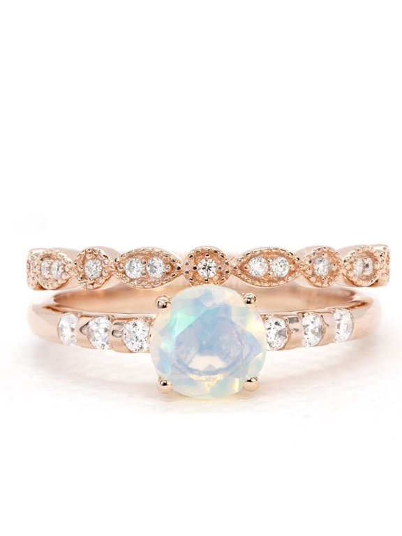 Art Deco Milgrain Filigree - 1.5 Carat Round Cut Rainbow Opal and Moissanite - 7 Stone Flush Bridal Ring Set - 18K Rose Gold Plating over Silver
