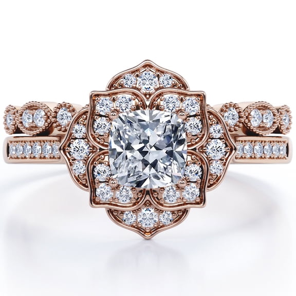 JeenMata Art Deco Milgrain Filigree - 1.75 Carat Cushion Moissanite - Vintage Cluster - Pave Channel Bridal Ring Set - 18K Rose Gold Plating Over Silver