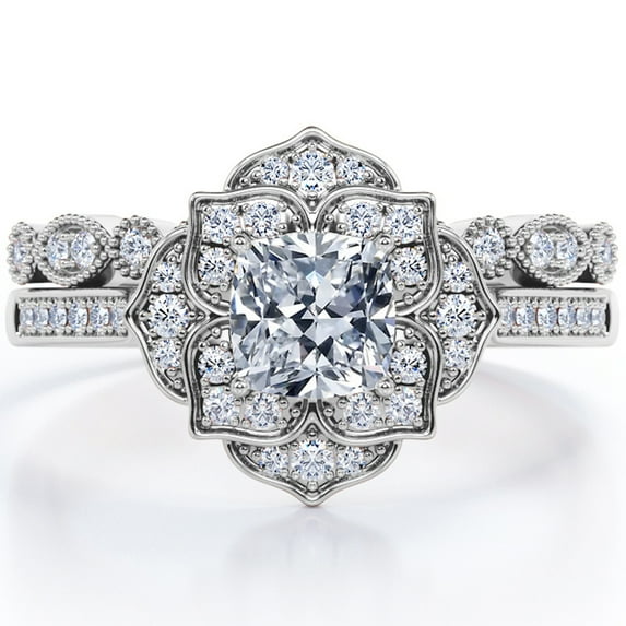 JeenMata Art Deco Milgrain Filigree - 1.75 Carat Cushion Moissanite - Vintage Cluster - Pave Channel Bridal Ring Set - 18K White Gold Plating Over Silver