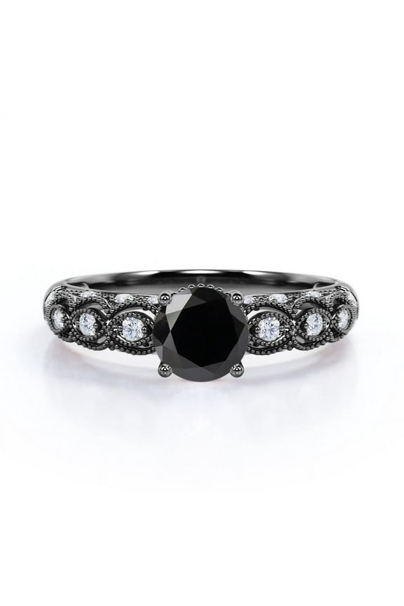 Art Deco Milgrain Filigree 1.75 Carat Round Lab Created Black Diamond and Moissanite Engagement Ring for Women in 18K Black Gold Plating over Silver