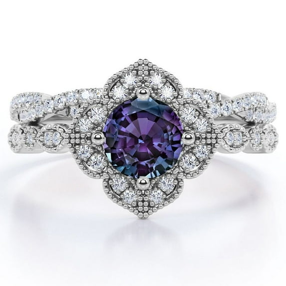 JeenMata Art-Deco Milgrain Floral Cluster 1.5 Carat Round Shape Lab Created Alexandrite and Moissanite Crossover Pave Bridal Ring Set in 18K White Gold Plating over Silver