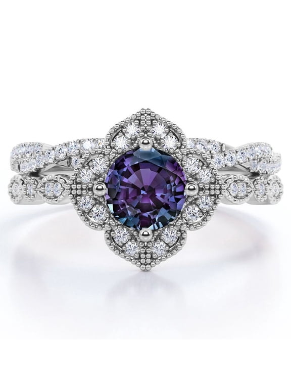 Art-Deco Milgrain Floral Cluster 1.5 Carat Round Shape Lab Created Alexandrite and Moissanite Crossover Pave Bridal Ring Set in 18K White Gold Plating over Silver