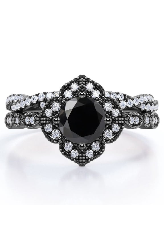 Art-Deco Milgrain Floral Cluster 1.5 Carat Round Shape Lab Created Black Diamond and Moissanite Crossover Pave Bridal Ring Set in 18K Black Gold Plating over Silver