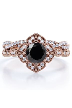 Art-Deco Milgrain Floral Cluster 1.5 Carat Round Shape Lab Created Black Diamond and Moissanite Crossover Pave Bridal Ring Set in 18K Rose Gold Plating over Silver