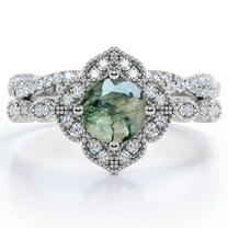 JeenMata Art-Deco Milgrain Floral Cluster 1.5 Carat Round Shape Milky White Moss Green Agate and Moissanite Crossover Pave Bridal Ring Set in 18K White Gold Plating over Silver