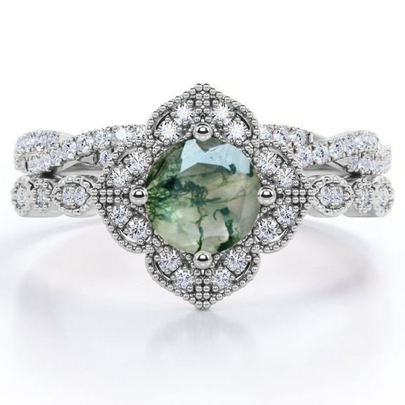 JeenMata Art-Deco Milgrain Floral Cluster 1.5 Carat Round Shape Milky White Moss Green Agate and Moissanite Crossover Pave Bridal Ring Set in 18K White Gold Plating over Silver