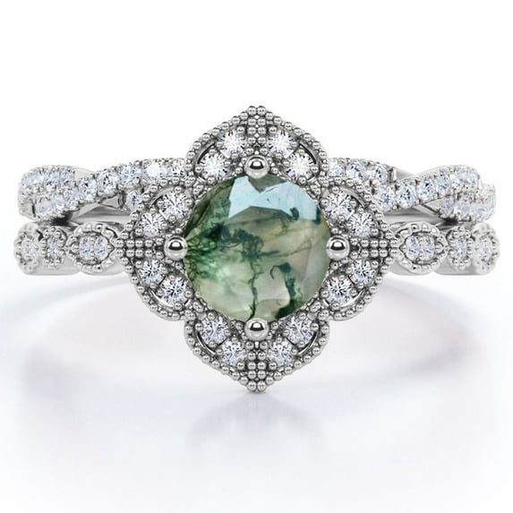 JeenMata Art-Deco Milgrain Floral Cluster 1.5 Carat Round Shape Milky White Moss Green Agate and Moissanite Crossover Pave Bridal Ring Set in 18K White Gold Plating over Silver