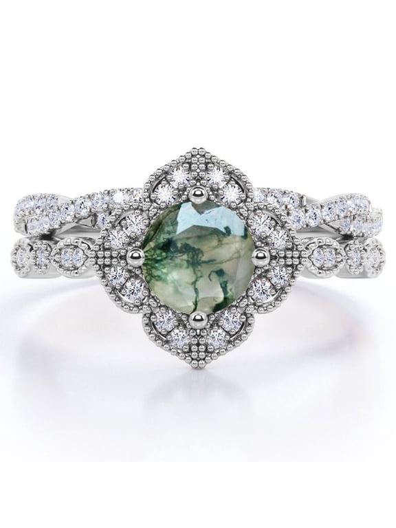 Art-Deco Milgrain Floral Cluster 1.5 Carat Round Shape Milky White Moss Green Agate and Moissanite Crossover Pave Bridal Ring Set in 18K White Gold Plating over Silver