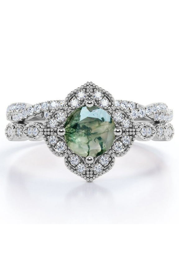 Art-Deco Milgrain Floral Cluster 1.5 Carat Round Shape Milky White Moss Green Agate and Moissanite Crossover Pave Bridal Ring Set in 18K White Gold Plating over Silver