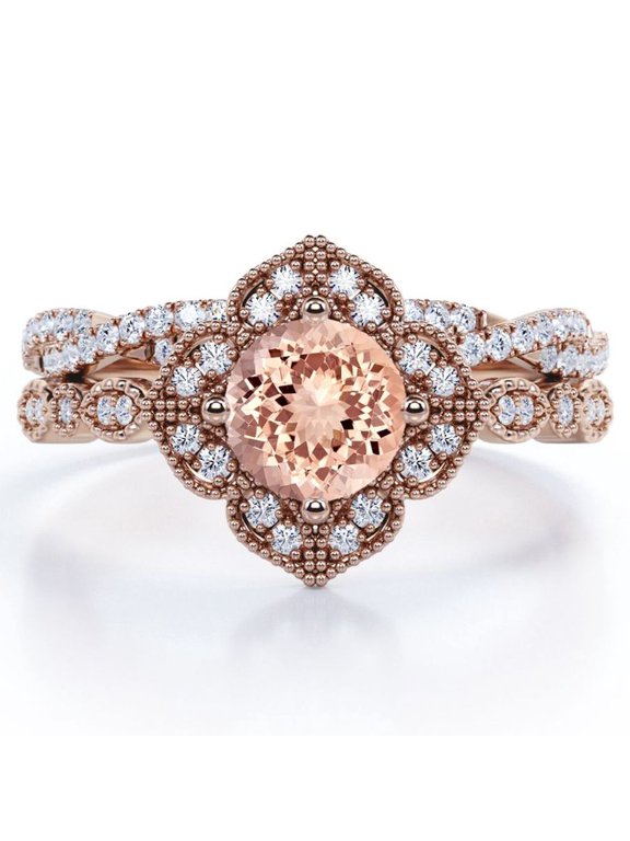Art-Deco Milgrain Floral Cluster 1.5 Carat Round Shape Peach Pink created morganite and Moissanite Crossover Pave Bridal Ring Set in 18K Rose Gold Plating over Silver