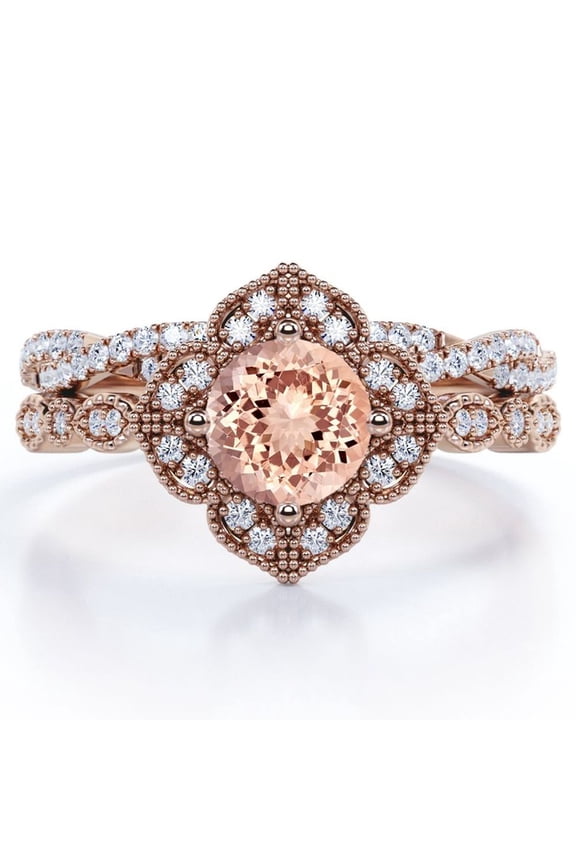 Art-Deco Milgrain Floral Cluster 1.5 Carat Round Shape Peach Pink created morganite and Moissanite Crossover Pave Bridal Ring Set in 18K Rose Gold Plating over Silver