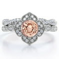 thumbnail image 1 of JeenMata Art-Deco Milgrain Floral Cluster 1.5 Carat Round Shape Peach Pink created morganite and Moissanite Crossover Pave Bridal Ring Set in 18K White Gold Plating over Silver, 1 of 6