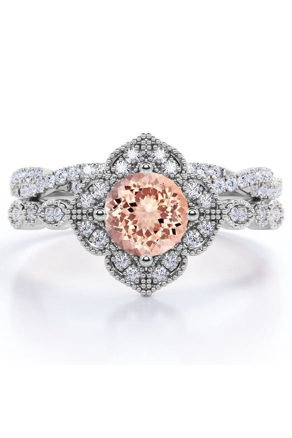 Art-Deco Milgrain Floral Cluster 1.5 Carat Round Shape Peach Pink created morganite and Moissanite Crossover Pave Bridal Ring Set in 18K White Gold Plating over Silver