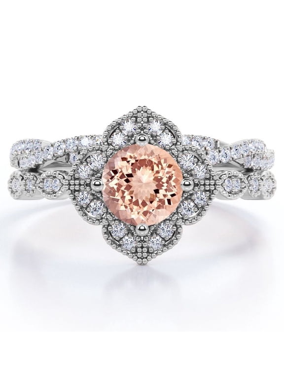 Art-Deco Milgrain Floral Cluster 1.5 Carat Round Shape Peach Pink created morganite and Moissanite Crossover Pave Bridal Ring Set in 18K White Gold Plating over Silver